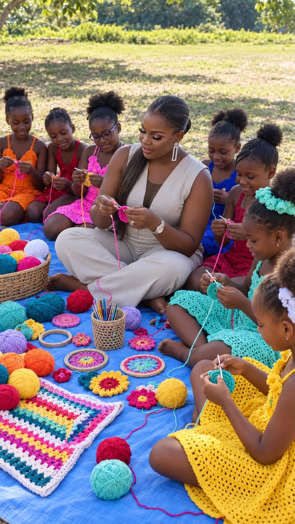 Edelene Monevil enseigne le crochet à des enfants en plein air
