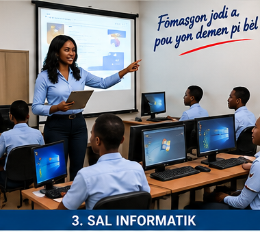 Salle informatique CFPSE — élèves et professeur devant les ordinateurs